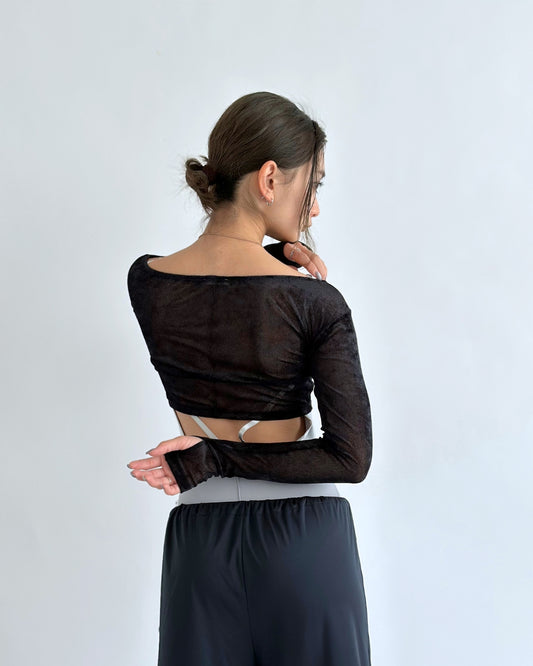 【Outlet Price】各サイズ1点限り!Cropped Flock mesh open neck T -BLACK-