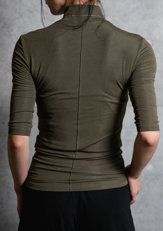 【Outlet Price】High neck T with half sleeve -KHAKI-