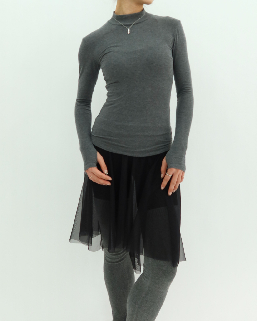 High neck long T -GRAY-